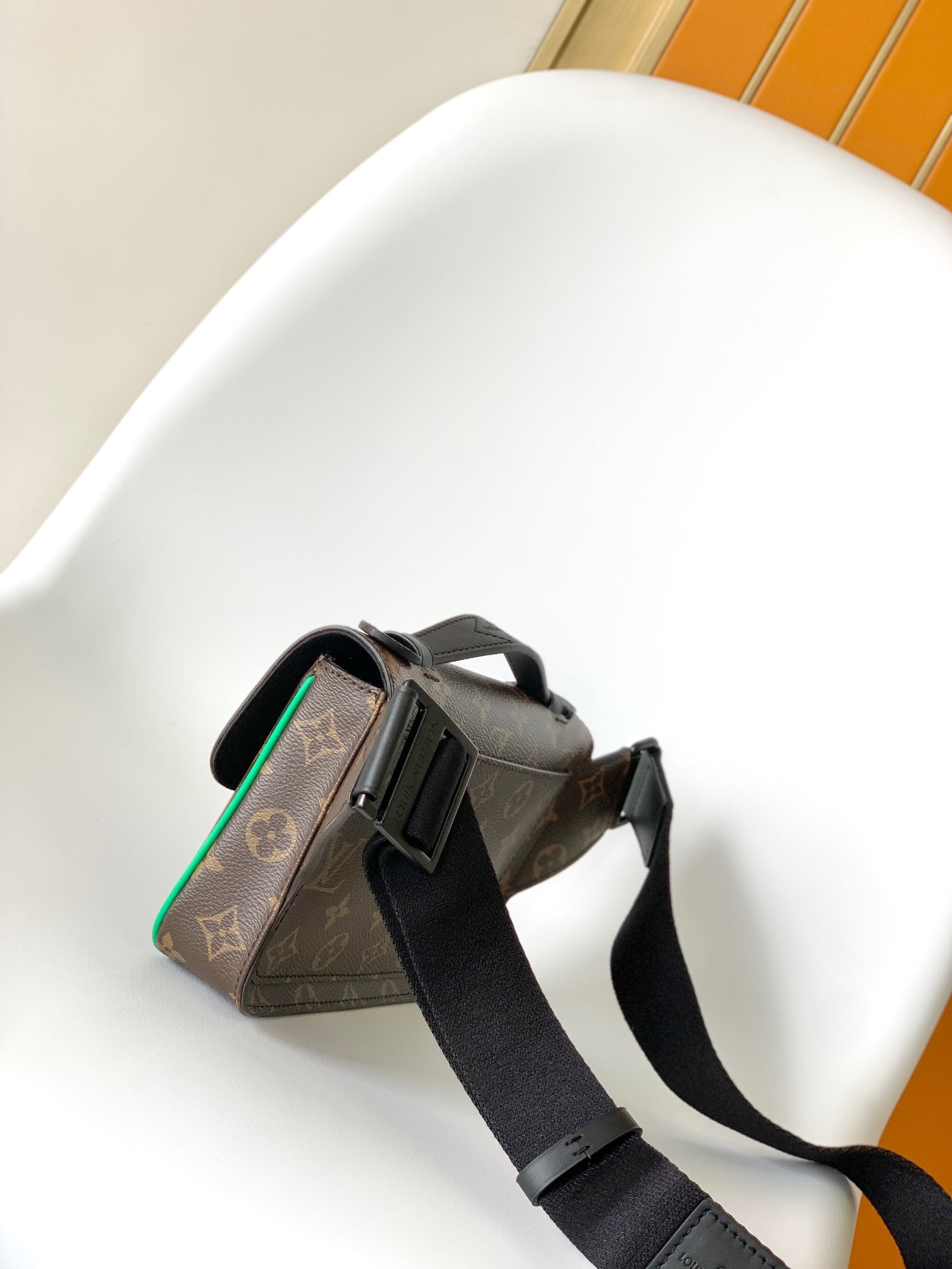 LV 25S S LOCK MESSENGER BAG 21 IN NEON JADE AND BROWN MONOGRAM MACASSAR CALFSKIN