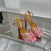 AQUAZZURA 26S HEELED SANDALS 130 MM IN MULTICOLOR PINK SNAKE-EMBOSSED LEATHER