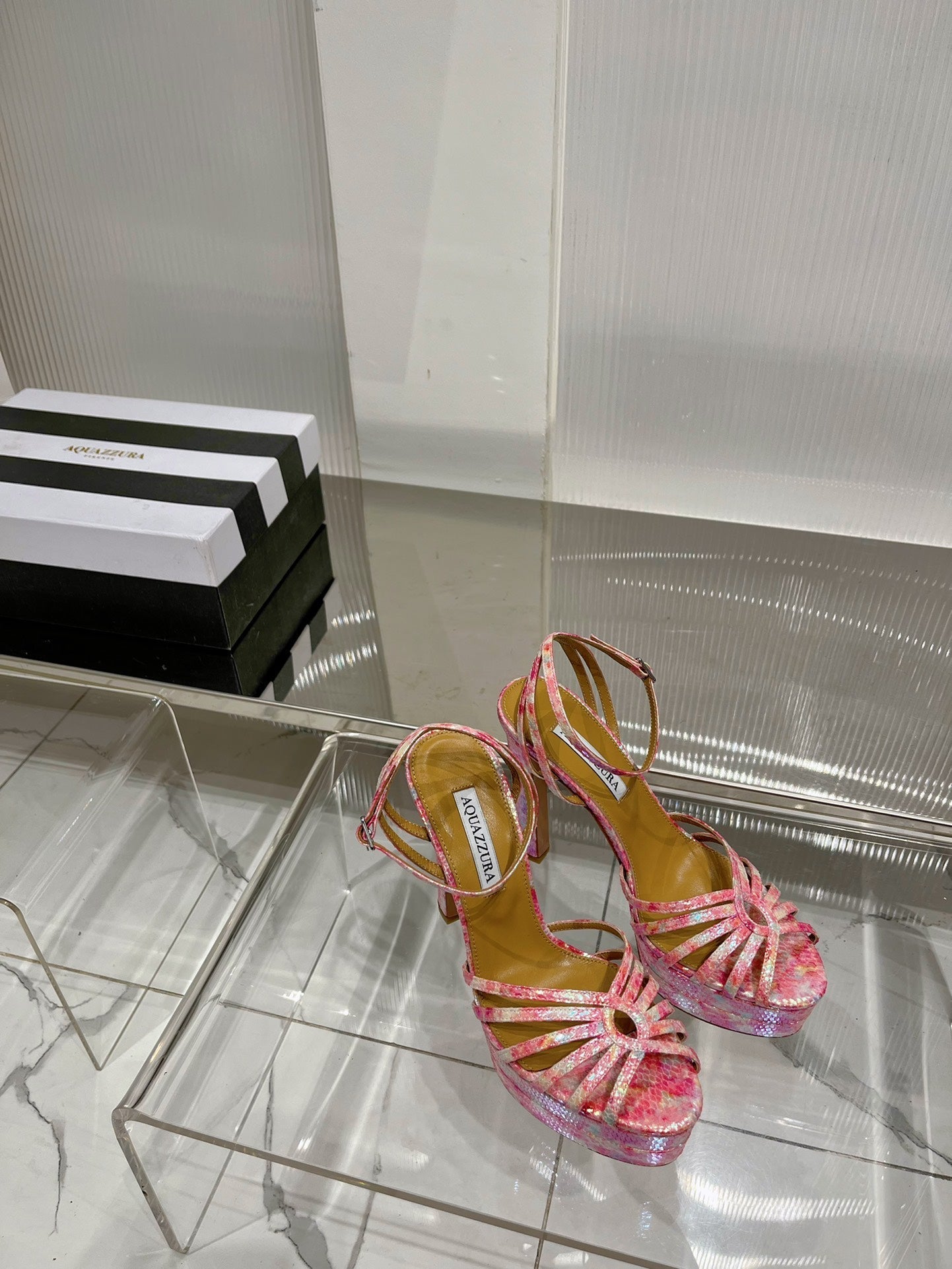 AQUAZZURA 26S HEELED SANDALS 130 MM IN MULTICOLOR PINK SNAKE-EMBOSSED LEATHER