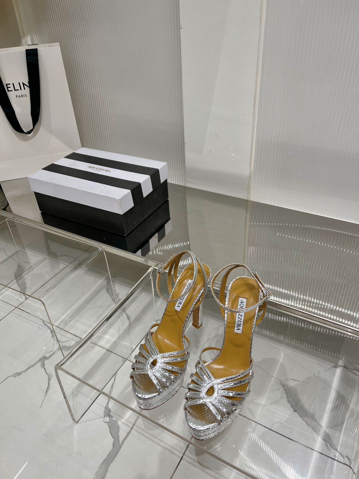 AQUAZZURA 26S HEELED SANDALS 130 MM IN SILVER SNAKE-EMBOSSED LEATHER