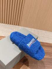 FURRY SLIDES IN COBALT BLUE CURLY SHEARLING