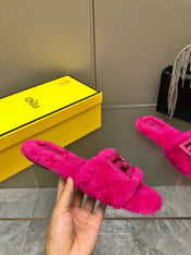FENDI BAGUETTE SLIDE SLIPPERS IN DEEP PINK WOOL