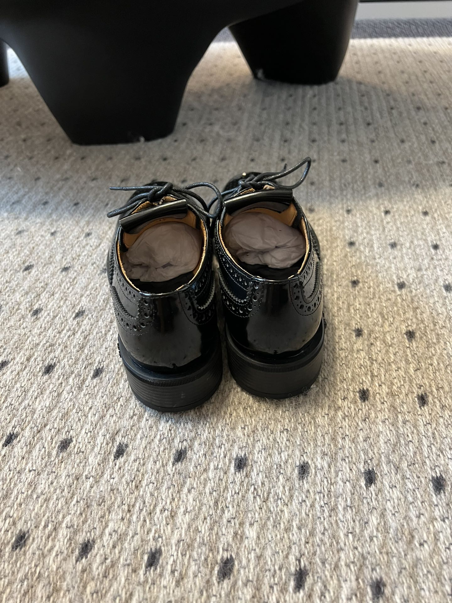MIUMIU 26S LACE-UP BROGUE LOAFERS IN BLACK PATENT CALFSKIN