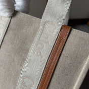 MEDIUM WOODY TOTE BAG 37 IN BEIGE LINEN CANVAS WEBBING LOGO EMBROIDERY BROWN CALFSKIN