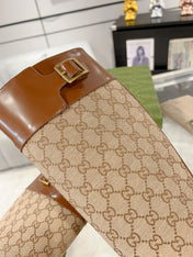 GG KNEE BOOTS IN BRONZE BROWN MONOGRAM CANVAS AND GLOSSY SHEEPSKIN