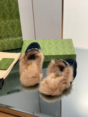 HORSEBIT MULE IN NAVY BLUE SUEDE AND LAMB WOOL LINING