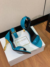 BALMAIN 25S SQUARE STRAP HIGH HEELS 100MM IN BLUE PATENT CALFSKIN