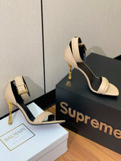 BALMAIN 26S METAL-HEEL SANDALS 105 MM IN BEIGE CALFSKIN