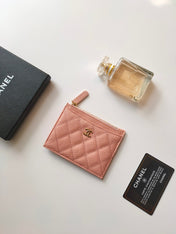CC ZIPPED CARD HOLDER 11.5 PEACH GRAINED CALFSKIN GOLD ICON