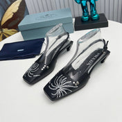PRADA 26S SLINGBACK PUMPS 40MM IN BLACK CALFSKIN CRYSTAL EMBELLISHED
