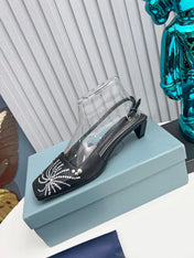 PRADA 26S SLINGBACK PUMPS 40MM IN BLACK CALFSKIN CRYSTAL EMBELLISHED