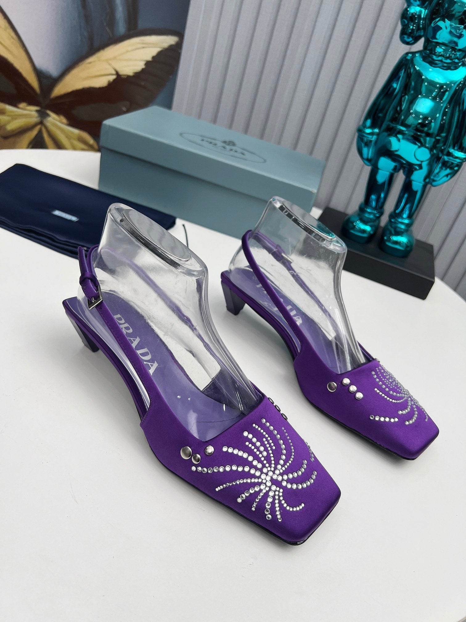 PRADA 26S SLINGBACK PUMPS 40MM IN PURPLE SATIN CRYSTAL EMBELLISHED