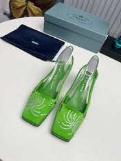 PRADA 26S SLINGBACK PUMPS 40MM IN APPLE GREEN SATIN CRYSTAL EMBELLISHED