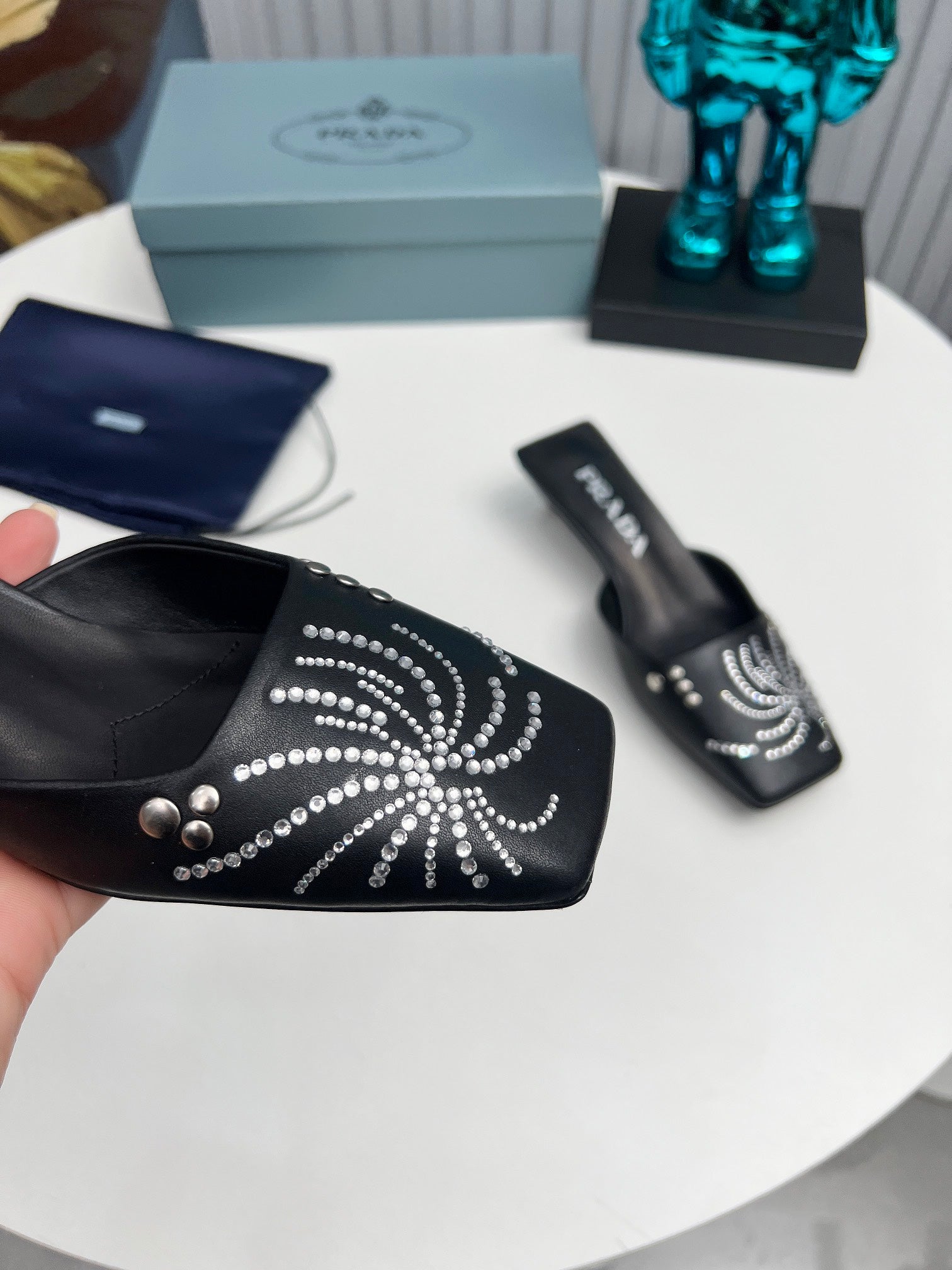 PRADA 26S MULE 40MM IN BLACK CALFSKIN CRYSTAL EMBELLISHED