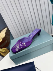 PRADA 26S MULE 40MM IN PURPLE SATIN CRYSTAL EMBELLISHED