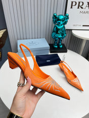 PRADA 26S POINTED TOE SLINGBACK 40MM IN ORANGE SATIN CRYSTAL EMBELLISHED