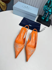 PRADA 26S POINTED TOE SLINGBACK 40MM IN ORANGE SATIN CRYSTAL EMBELLISHED