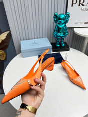 PRADA 26S POINTED TOE SLINGBACK 40MM IN ORANGE SATIN CRYSTAL EMBELLISHED