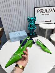 PRADA 26S POINTED TOE SLINGBACK 40MM IN APPLE GREEN SATIN CRYSTAL EMBELLISHED