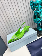PRADA 26S POINTED TOE SLINGBACK 40MM IN APPLE GREEN SATIN CRYSTAL EMBELLISHED