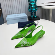 PRADA 26S POINTED TOE SLINGBACK 40MM IN APPLE GREEN SATIN CRYSTAL EMBELLISHED