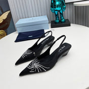 PRADA 26S POINTED TOE SLINGBACK 40MM IN BLACK SATIN CRYSTAL EMBELLISHED