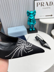 PRADA 26S POINTED TOE SLINGBACK 40MM IN BLACK SATIN CRYSTAL EMBELLISHED