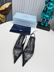 PRADA 26S POINTED TOE SLINGBACK 40MM IN BLACK SATIN CRYSTAL EMBELLISHED