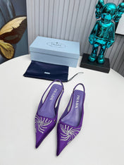 PRADA 26S POINTED TOE SLINGBACK 40MM IN PURPLE SATIN CRYSTAL EMBELLISHED