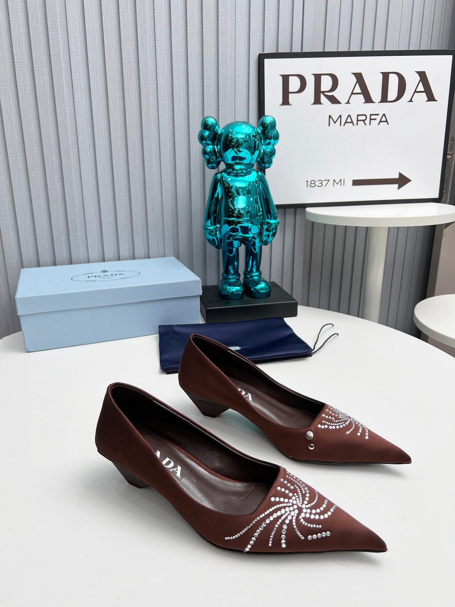 PRADA 26S POINTED TOE PUMPS 40MM IN DARK BROWN SATIN CRYSTAL EMBELLISHED