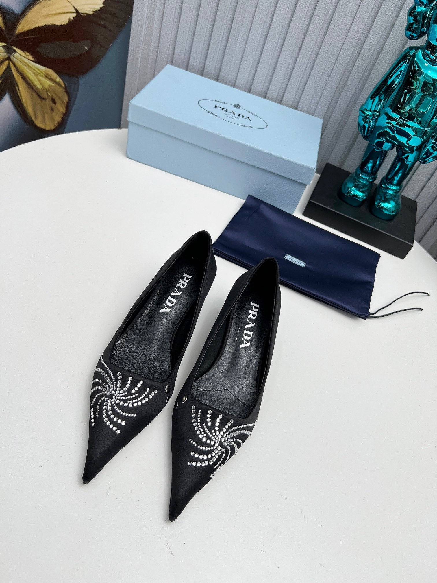 PRADA 26S POINTED TOE PUMPS 40MM IN BLACK SATIN CRYSTAL EMBELLISHED