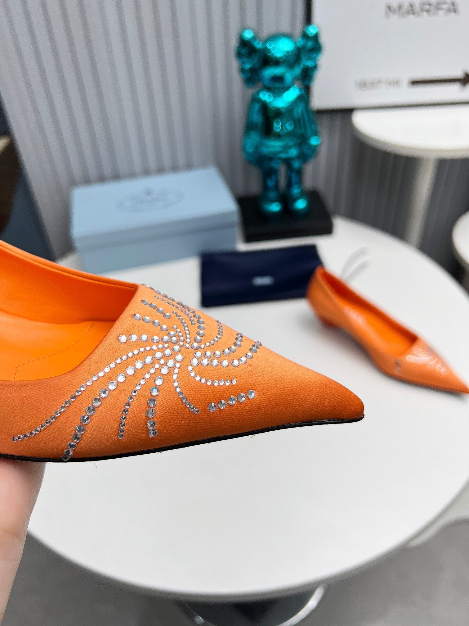 PRADA 26S POINTED TOE PUMPS 40MM IN ORANGE SATIN CRYSTAL EMBELLISHED