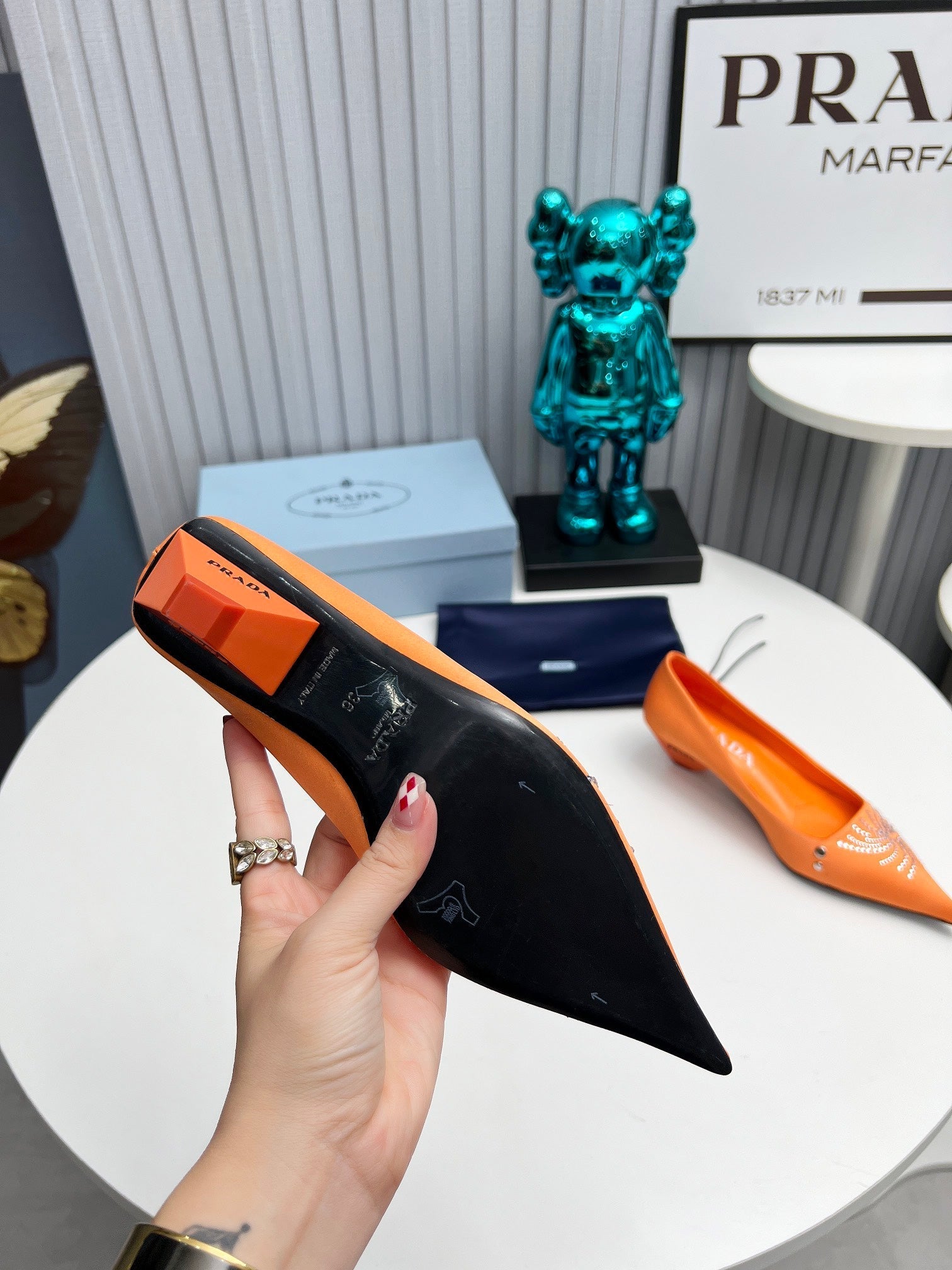 PRADA 26S POINTED TOE PUMPS 40MM IN ORANGE SATIN CRYSTAL EMBELLISHED