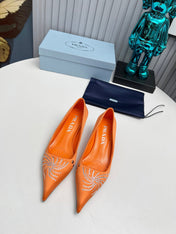 PRADA 26S POINTED TOE PUMPS 40MM IN ORANGE SATIN CRYSTAL EMBELLISHED