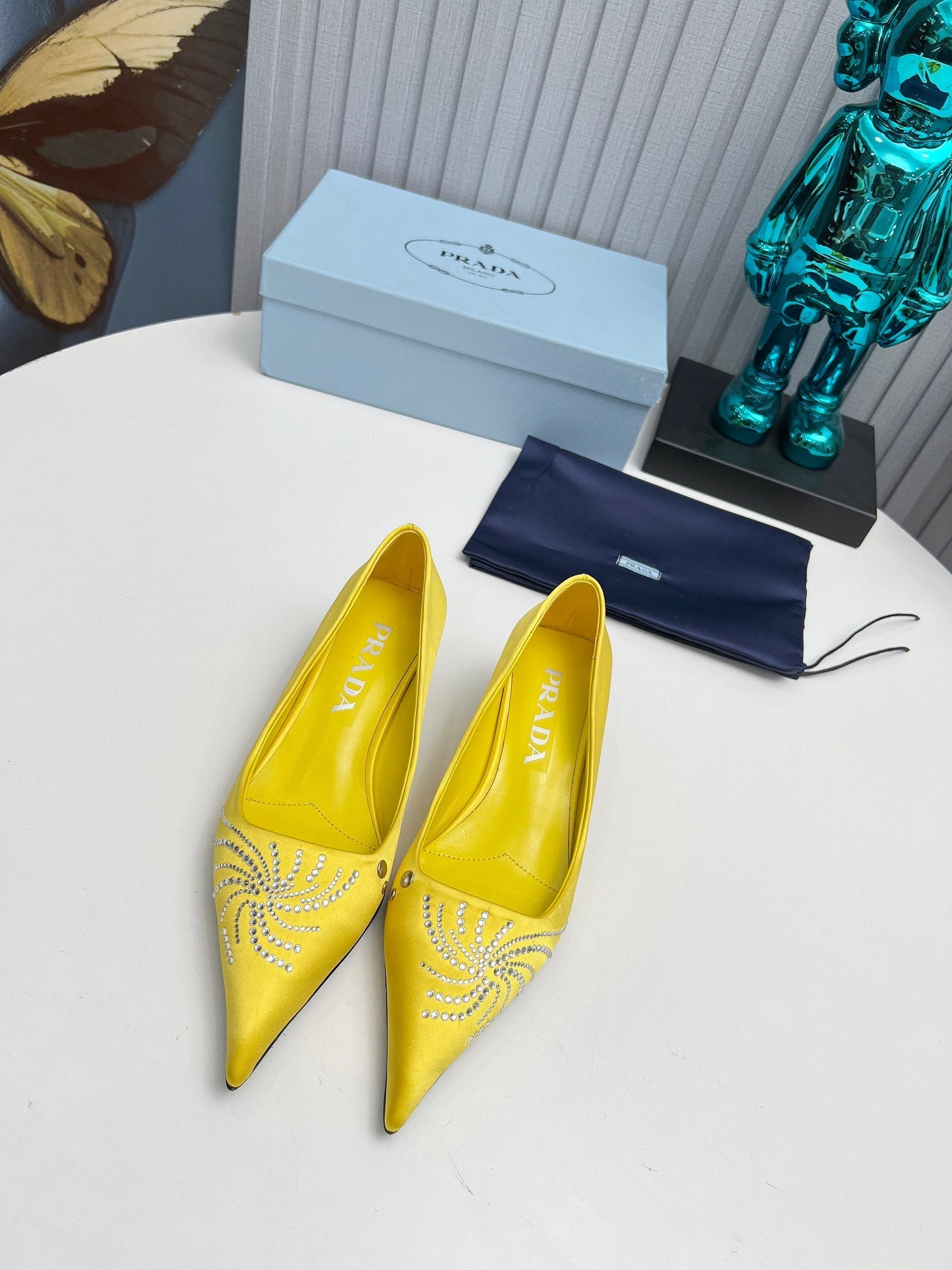 PRADA 26S POINTED TOE PUMPS 40MM IN YELLOW SATIN CRYSTAL EMBELLISHED