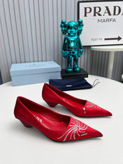 PRADA 26S POINTED TOE PUMPS 40MM IN RED SATIN CRYSTAL EMBELLISHED