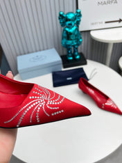 PRADA 26S POINTED TOE PUMPS 40MM IN RED SATIN CRYSTAL EMBELLISHED