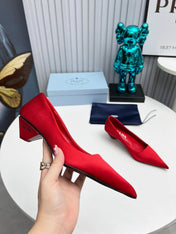 PRADA 26S POINTED TOE PUMPS 40MM IN RED SATIN