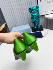 PRADA 26S POINTED TOE PUMPS 40MM IN APPLE GREEN SATIN