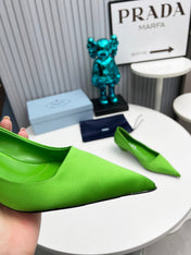 PRADA 26S POINTED TOE PUMPS 40MM IN APPLE GREEN SATIN