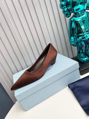 PRADA 26S POINTED TOE PUMPS 40MM IN DARK BROWN SATIN