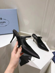 PRA HIGH-HEELED MULES BLACK SATIN