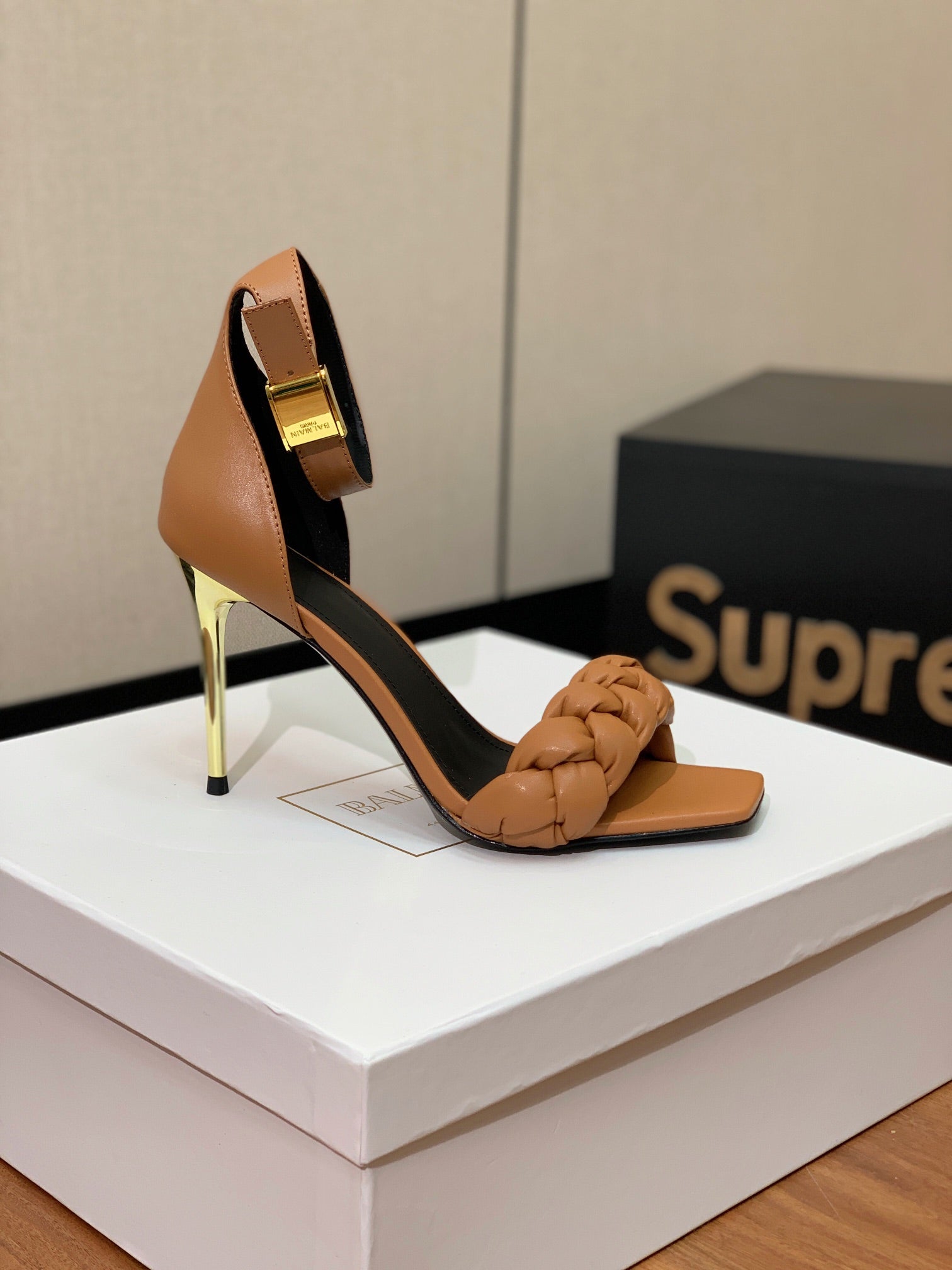 BALMAIN 26S BRAIDED-STRAP HIGH-HEEL SANDALS 95 MM IN BROWN CALFSKIN