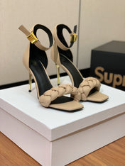 BALMAIN 25S ANKLE STRAP HIGH HEEL 95MM IN BEIGE GRAY CALFSKIN