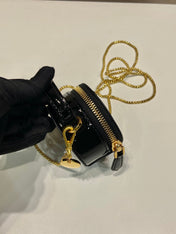 MINI ROUND BAG 8 IN BLACK GLOSSY CALFSKIN GOLD HARDWARE