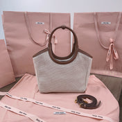 SMALL TOTE BAG 22 IN WHITE CANVAS AND BROWN CALFSKIN TRIM