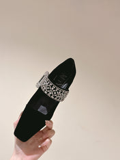 MARY JANES IN BLACK VELVET WITH CRYSTAL EMBELLISHED STRAP