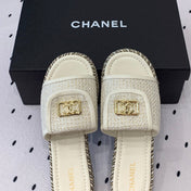 Double CC Women New Trendy Calfskin Slippers White