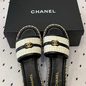 Double CC Women White Black Slippers Calfskin