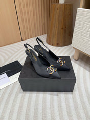 CC HIGH SLINGBACKS BLACK SATIN AND LAMBSKIN